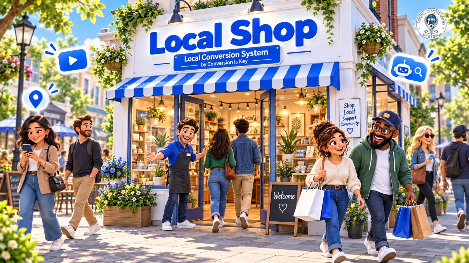 Local Shop storefront by the Local Conversion System, with customers arriving from search, maps, video and AI